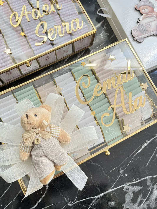Cam Çikolata Kutusu - Ayıcıklı Erkek Bebek Süslemeli