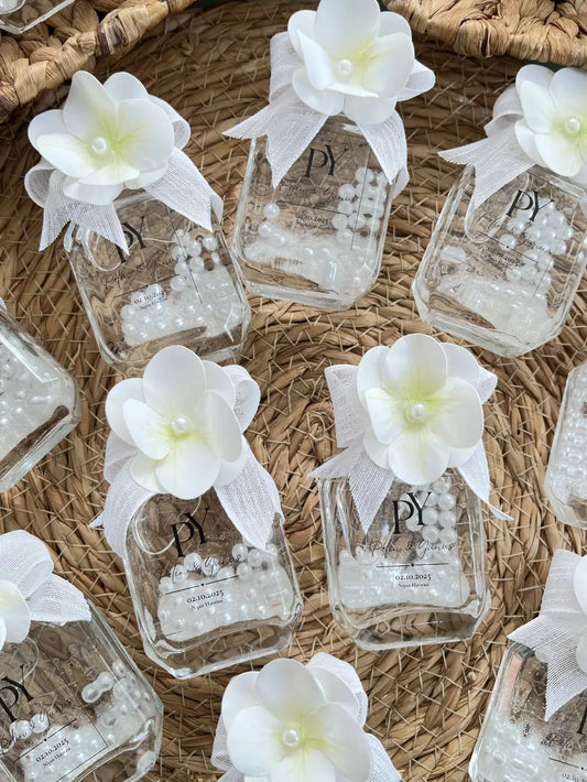 Cam Kolonya Şişesi - 50cc Sekizgen - Kurdele Islak Ortanca ve İnci Süslemeli (25 li)