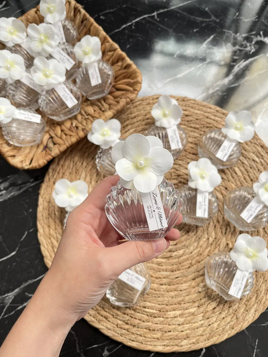 Cam Kolonya Şişesi - 30cc Midye - Islak Ortanca ve İnci Süslemeli (25 li)